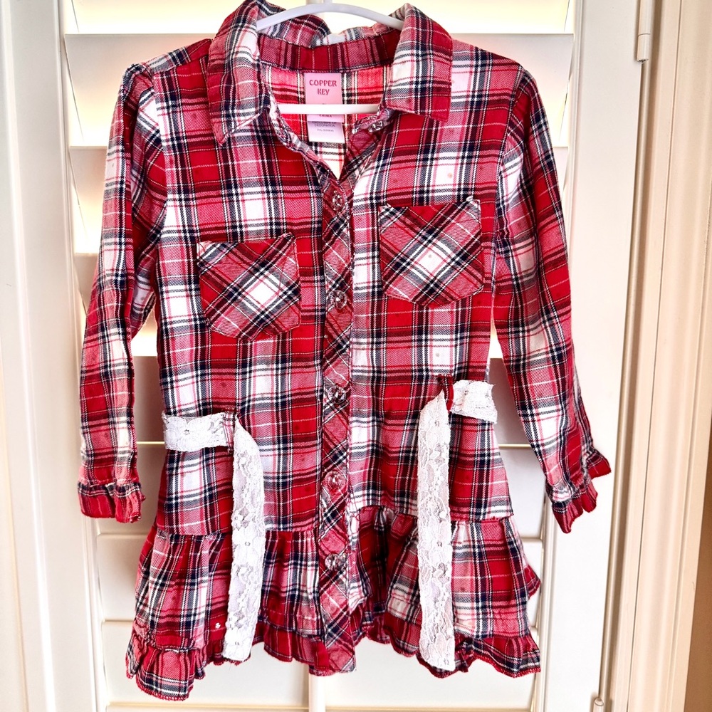 Copper Key‎ Girls Red Plaid Ruffle Lace Tunic Top Sz 5 Cottagecore Western Shirt